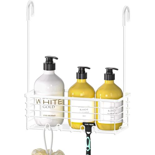 DELLAN Hanging Shower Caddy, Shower Rack Hanging for Bathroom, Shower Rack with Hooks Over the Door, Bathroom Shower Caddy and Basket(White)