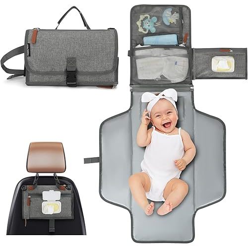 Portable Changing Pad for Baby - Memory Foam Diaper Changing Mat with Wipes Pocket, Waterproof PEVA & Easy Clean - Compact Fold, Stroller & Shoulder Strap - Travel Diaper Clutch for Newborn