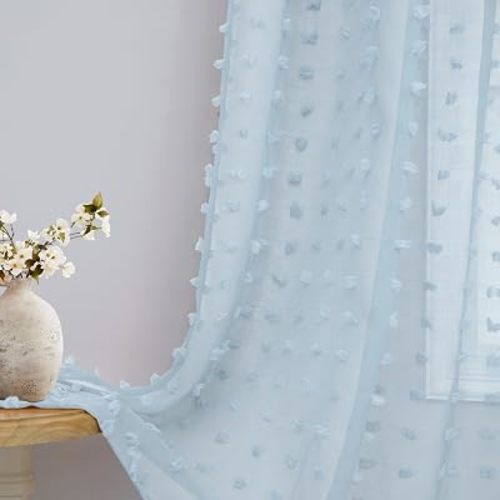Light Blue Sheer Curtains 84 Inch Length 2 Panels Pom Pom Boho Sheer Window Curtains for Living Dining Room Baby Blue Drapes for Nursery Boys Kids Bedroom Back Tab Farmhouse Coastal Decor 52x84 Inch