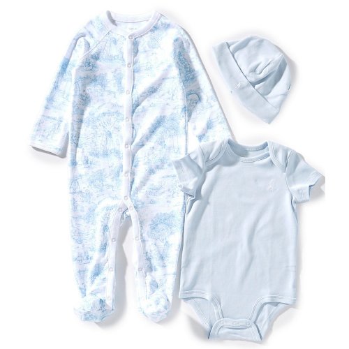 Ralph Lauren Baby Boys Toile Print Cotton Long Sleeve Coverall, Bodysuit, & Beanie 3-Piece Gift Box Set