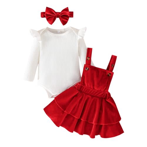 Noubeau Baby Girls Christmas Outfits Long Sleeve Onesie Romper+Velvet Suspender Skirt Set+Headband 3Pcs Fall Winter Clothes