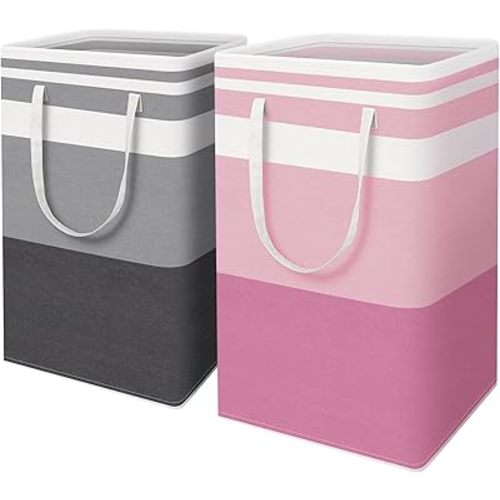 HomeHacks 2 Pack Large Laundry Baskets, Waterproof, Freestanding Laundry Hampers, Collapsible Clothes Hamper with Reinforced Handles in Laundry, College Dorm, Bathroom, Bedroom (Grey+Pink, 88Lx2)