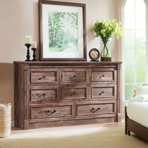 Sincido 8 Drawers Dresser for Bedroom, Farmhouse 61" Wide Tall Dressers w/Roman Column
