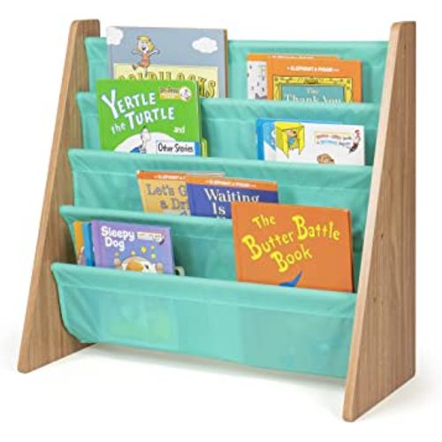Humble Crew 4-Tier Kids Bookshelf, Natural Wood/Seafoam Green - Premium Book Shelf for Kids Rooms with Four Deep Pockets - Toddler Sling Book Rack with Deep Sleeves, Nursery Bookcase Organizer