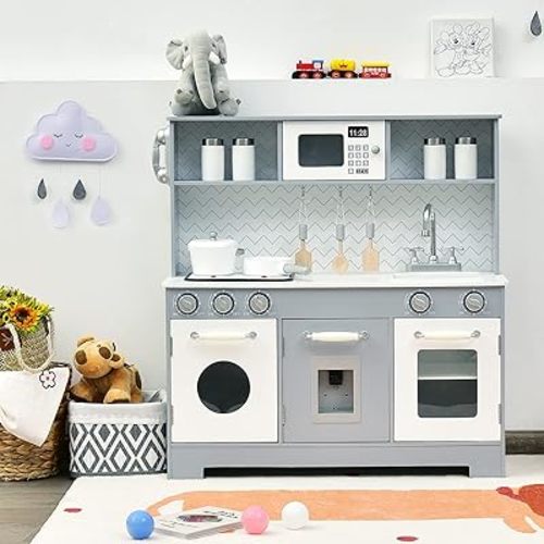 Amazon.com: Costzon Kids Kitchen Playset, Wooden Pretend Cooking Playset w/Stove, Fridge, Microwave, Removable Sink, Water Dispenser w/Light Sound, Cabinets, Great Gift for Boys Girls : Toys & Games