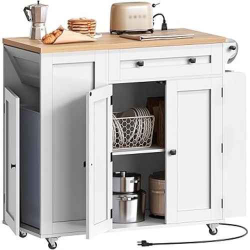 Kitchen Island with Storage, Mobile Rolling Cart with Trash Can Storage, Kitchen Island on Wheels, Rolling Island Table with Charging Station, Paper Holder, for Kitchen, White ZD02UWN