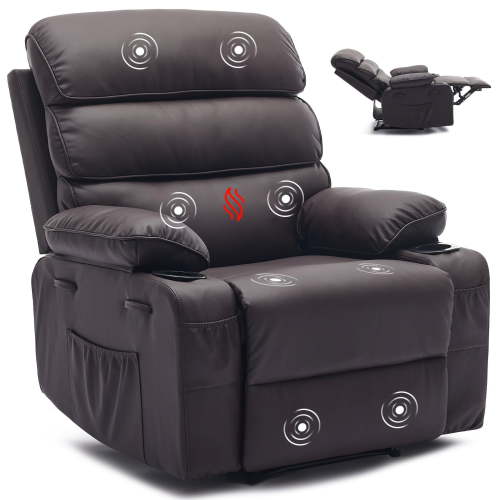 Ataucjin PU Leather Extra Wide Manual Recliner for Adults with Massage and Heat, Adjustable Backrest and Footrest, Nursery Glider Recliner Single Sofa with 2 Cup Holders and Side Pocket