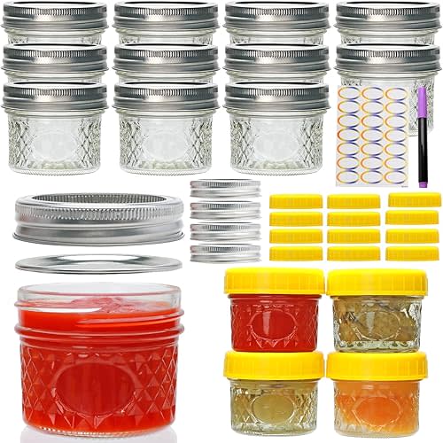 Mini Mason Jars, Canning Jars, 4oz Mason Jars with Silver and Yellow Lids for Honey, Jams,Jelly Seasonings, for Kitchen, Bathroom, Gift Giving, Pack of 16