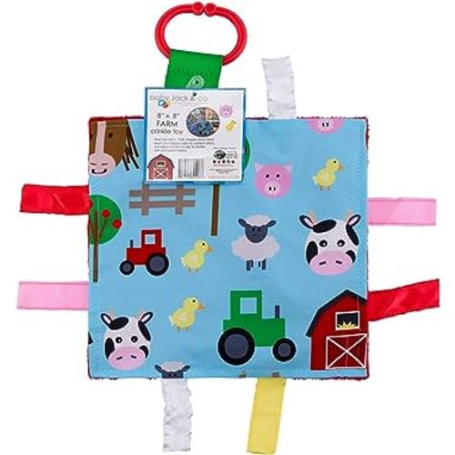 Baby Sensory Crinkle & Teething Square Lovey with Closed Ribbon Tags Enhances Cognitive Social & Emotional Development 8 X 8 Inch (Farm Friends)