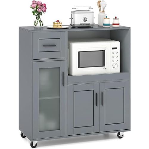 Giantex Rolling Kitchen Island with Storage, Mobile Kitchen Cart with Wheels, Tempered Glass Door, Drawer, 3-Level Adjustable Shelf, Microwave Cart, Coffee Cart Station for Dining Room, Grey