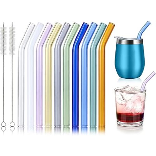 10 Pcs Reusable Bent Short Glass Straws,6''x10 mm Colorful Cocktail Glass Straws Shatter Resistant with 2 Cleaner Brush for Whiskey,Coffee,Juice,Soda Drinks,Teas
