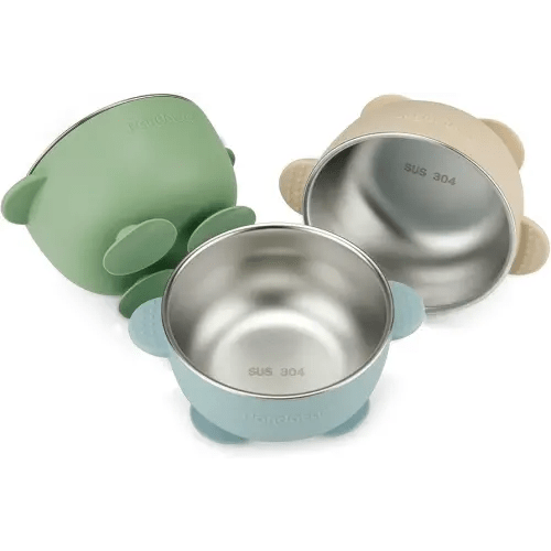 PandaEar 3 Pack Stainless Steel Baby Suction Bowls, Non-Slip Child Food Bowl with Silicone Sleeve for Kids Toddlers Infants, Unbreakable & Mess Free (Blue Green Brown)