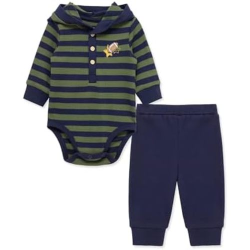 Little Me Baby Boys' 2-Piece 100% Cotton Hooded Onesie and Pant Set, 0-24 Months