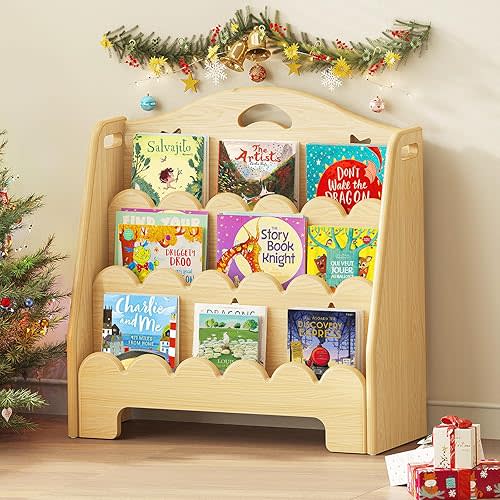 ONBRILL 3-Tier Montessori Bookshelf for Kids, Large Wooden Bookcase for Toddler, Book Organizer and Storage Display Stand for Kids Room, Playroom, Daycare, Nursery and Classroom