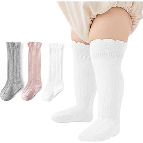 Zando Baby Girls Knee High Socks 3-Pack, Soft Cotton Long Tube Ruffle Socks for Preemie Infant Newborn Toddler 0-3T