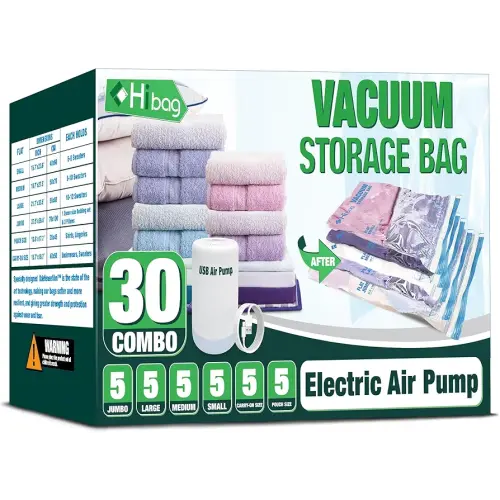 HIBAG Vacuum Storage Bags with Electric Pump, 30 Pack Vacuum Seal Space Saver Bag for Clothes, Clothing, Pillows, Blanket Bedding Comforters