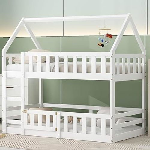 Harper & Bright Designs Twin Over Twin House Bunk Bed Frame for Boys Girls Kids Adults Toddler with Fence and Door, White