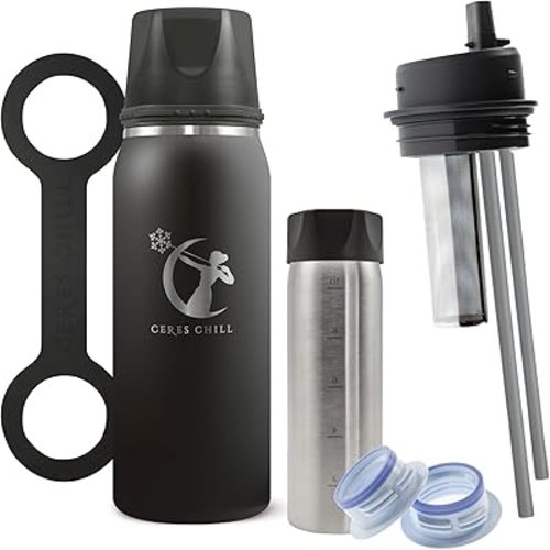 CERES CHILL OG Breastmilk Chiller Bundle with Straw Lid & Infuser – 12–34oz Portable Breast Milk Cooler & 2 Storage Bottles with Universal Pump Adapters – 0 Dark 30 Midnight Black