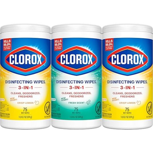 Clorox Disinfecting Cleaning Wipes for Spring Cleaning & Allergy Season, Bleach Free, Fresh Scent and Crisp Lemon, 75 Count Each, Pack of 3
