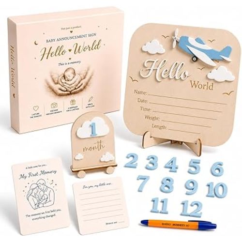 Baby Announcement Sign – Monthly Milestone Signs - Gift Registry By Name, 3D Wooden Baby Welcome Sign with Dreamy Sky Adventure Details, Monthly Keepsake Numbers, Baby Room Décor, Forever Keepsake
