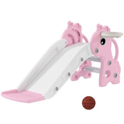 Qaba 3-in-1 Toddler Slide, Kids Slide with Climber, Basketball Hoop and Ball, Giraffe Shape Freestanding Playset for Indoor Kids 1-3 Years, Pink