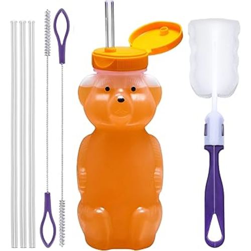 Special Supplies Honey Bear Straw Cup Long Straws, Squeezable Therapy and Special Needs Assistive Drink Container, Spill Proof and Leak Resistant Lid (Pack of 1 Bottle and 3 Straws)