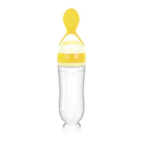 Baby Food Feeder Silicone Baby Food Dispensing Spoon-WAJIAYON, 3 oz Squeeze Feeding Spoons with Suction Cup for Boys Girl Kids Toddlers - Self Feeding Bottle Spoon -Yellow
