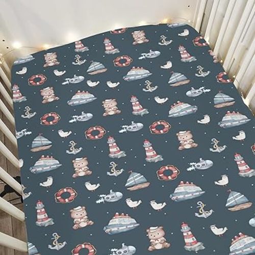 Sailor Bear Watercolor Baby Crib Sheets for Boy Girl 52x28Inch Bear Lighthouse Anchors Boats Soft Snug Fitted Crib Mattress Cover Coastal Nautical Life Baby Sheet for Standard Crib & Toddler Mattress