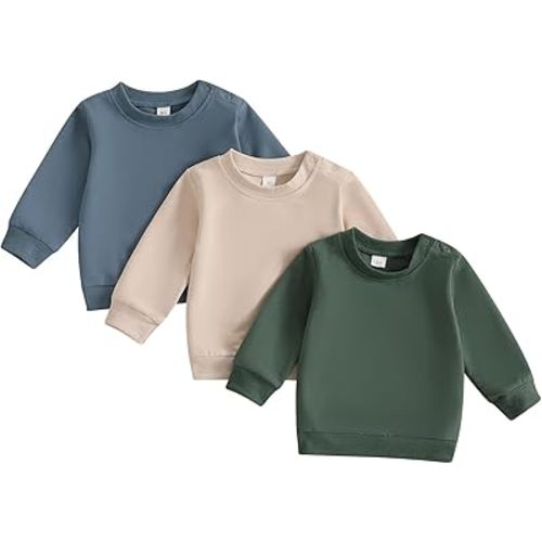 3 Pack Toddler Baby Boy Girl Long Sleeve Crewneck Pullover Sweatshirt Sweater Outfits Solid Color Casual Clothes
