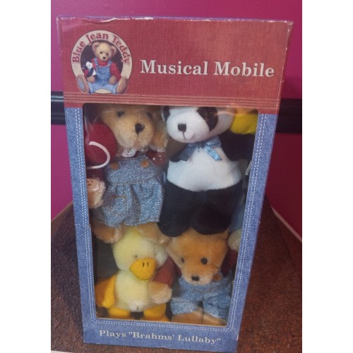 VTG Blue Jean Teddy Bear Baby Nursery Musical Bear  Crib Mobile Brahms Lullaby