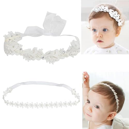Elegant White Flower Christening Headbands for Baby Girl, Elastic Soft Lace with Cute Tulle Pearl Hair Strap, Stretchy Baptism Halo for Pure Newborns Infants Toddlers (Over 6 Months) (2 Pack 18-20in)