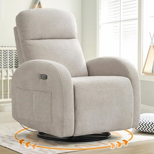 Power Nursery Glider Recliner, Chenille Electric Rocker Recliner with Type-C & USB Port, Nursery Swivel Rocker Recliners with Double Pockets for Adult, Cream White