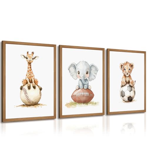 Sports Nursery Wall Art Baby Boys Room Canvas Pictures Safari Animal Wall Decor Jungle Nursery Prints Kids Poster Cute Painting Football Soccer Baseball Artwork for Bedroom 12x16x3 Inch Wood Framed