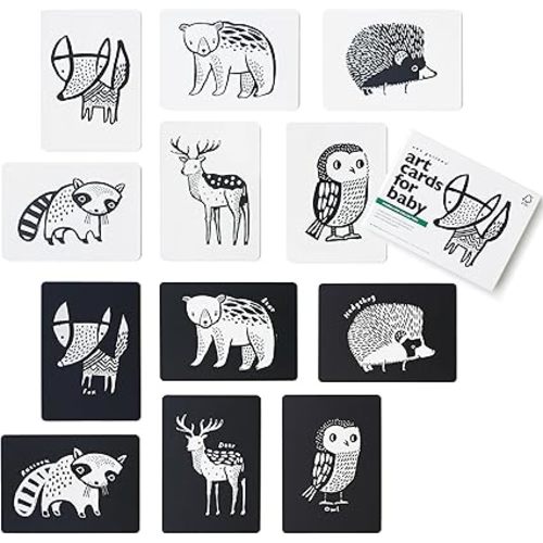 Wee Gallery Art Cards for Baby, Durable High Contrast Black and White Animal Flashcards for Newborns, Brain Development, Sensory Toys, Tummy Time Essentials for Infant and Toddler - Woodland Animals
