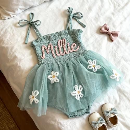 Custom Name Baby Tutu Dress, Hand Embroidered Baby Romper, Cake Smash Outfit, Personalized Baby Girls Tutu Dress, First Birthday Gifts