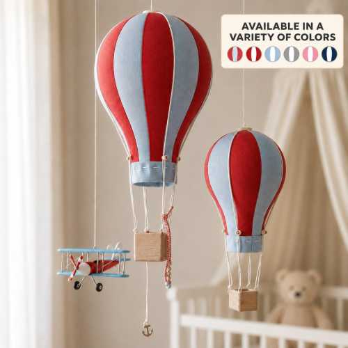 Vintage Hot Air Balloons & Retro Airplane Hanging Decor Set, Aviation Circus Theme, Nursery Accent