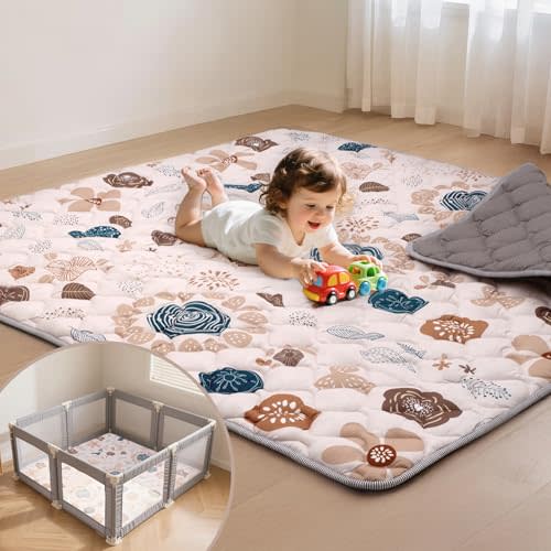 Duwenem Baby Play Mat for Floor,50x50 Inch Soft Padding Crawling Mat for Playpen, Foldable and Machine Washable, Thick for Babies & Toddlers,Boho Flower