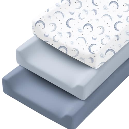 Konssy 3 Pack Stretchy Changing Pad Covers, 32"x16" Changing Table Sheets | Silky Soft & Breathable Fabric, 360° Full Elastic Fit, Floral Printed & Solid Designs, for Baby Girls & Boys (Blue Moon)