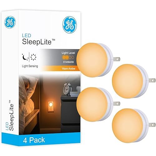 GE SleepLite LED Night Light, 4 Pack, Dusk-to-Dawn Sensor, Sleep Light, Dim Light, Warm Amber, Compact, Ideal for Bedroom, Nursery, Bathroom, Hallway,45041, 4 Count