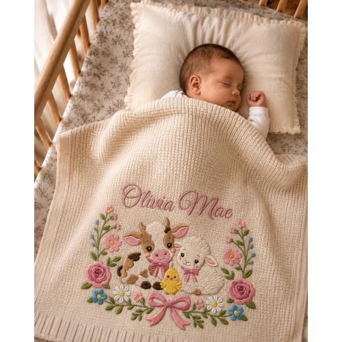 Custom Farm Baby Girl Blanket, Personalized Embroidered Western Cow Sheep Knit Keepsake, Floral Nursery Decor, Newborn Girl Baby Shower Gift