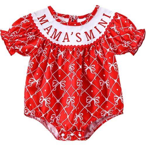 Newborn Baby Girl Romper Mamas Mini Bow Plaid Print Puff Sleeve Smocked Bubble Romper Jumpsuit Bodysuit Clothes