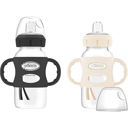 Dr. Brown's Milestones Wide-Neck Sippy Spout Bottle with 100% Silicone Handles, Easy-Grip Handles with Soft Sippy Spout, 9oz/270mL, Black & Ecru, 2-Pack, 6m+