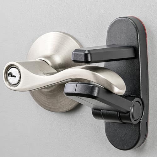 Door Lever Lock (2 Pack) Prevents Toddlers from Opening Doors. 3.25" L * 1.5" W * 4.5" H Easy One Hand Operation for Adults. Durable ABS with 3M Adhesive Backing. Simple Install, Black