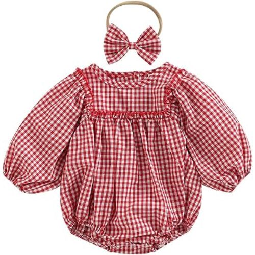 Douhoow Infant Baby Girl Plaid Romper Baby Sweatshirt Romper Ruffle Festival Clothes Fall Winter Outfits with Headband