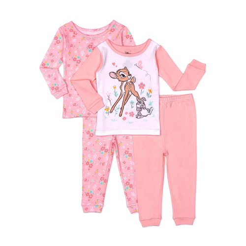 Bambi Baby Girl Long Sleeve Snug Fit Cotton Pajamas, 4pc Set