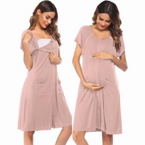 Ekouaer 3 in 1 Labor/Delivery/Hospital Gown Nursing Dress Maternity Nightgown Sleepwear for Breastfeeding with Button Dirty Pink M