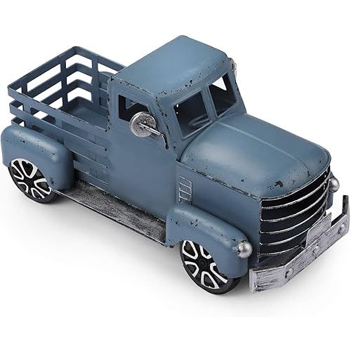 Blue Truck Decor Metal Small Cute Farm Car Decor Vintage Tree Flowers Handcrafted Decor Blue Metal Car Gift Boxes Pickup Truck Model