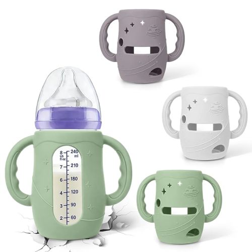 BUSOHA 3 Pack Silicone Sleeves for Lansinoh NaturalWave Baby Bottles - Baby Bottles Sleeves for Lansinoh Bottles Baby Anti-Colic Bottles Holder with Handle Silicone Protector,8 oz