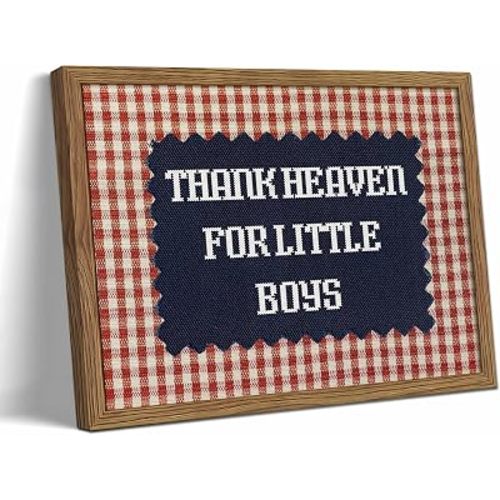 Thank Heaven for Little Boys Wall Art, Vintage Baby Boy Nursery Canvas Wall Decor Painting, Red Gingham Inspirational Quote Poster Print Picture for Kids Room Bedroom 12x16 Inch Framed