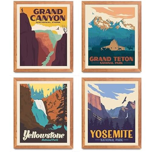 HerZii Prints National Park Posters & Prints - Set Of 4 Vintage National Parks Poster | Nature Wall Art Decor | Mountain Travel Posters (8"x10" UNFRAMED)